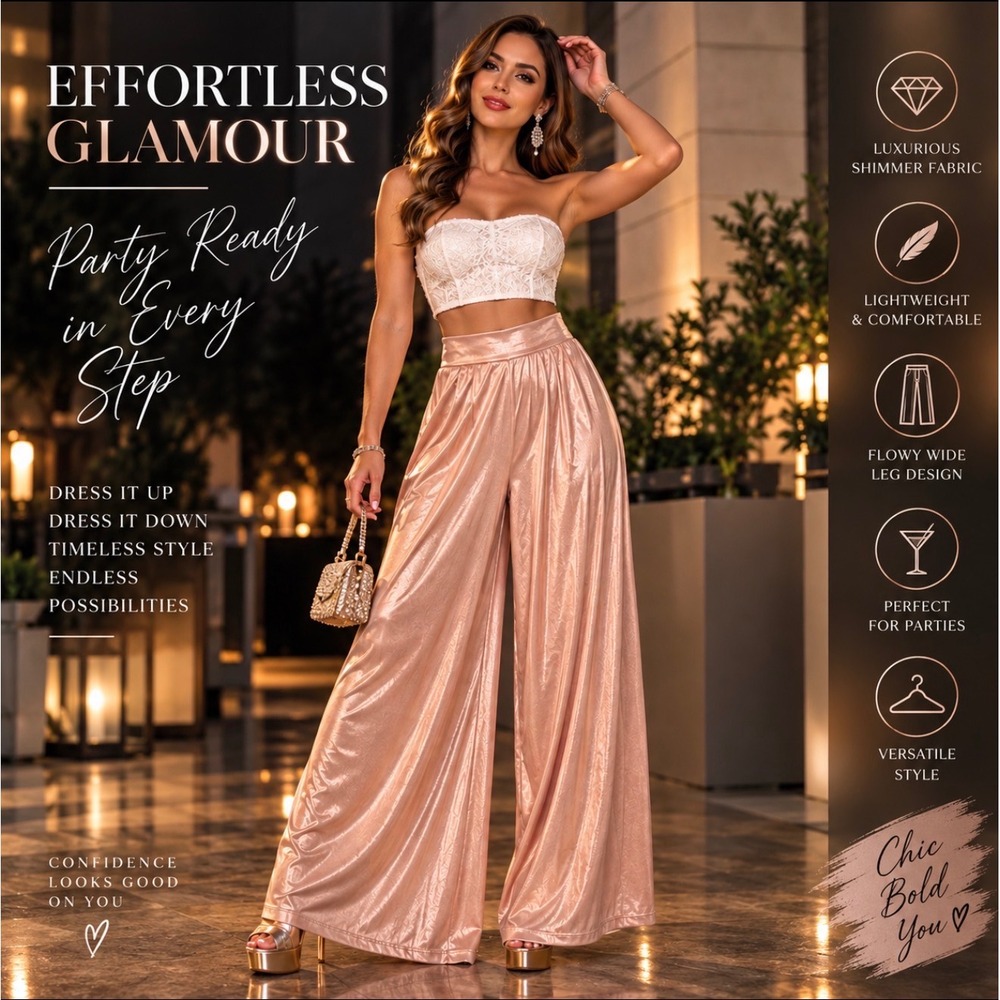 Metallic Rose Gold Palazzo Pants Womens Small High Rise Wide Leg Party Glam USA